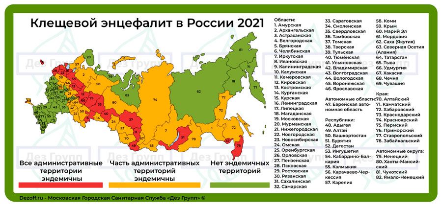 Карта по эндемичным районам по клещевому энцефалиту 2021 в России